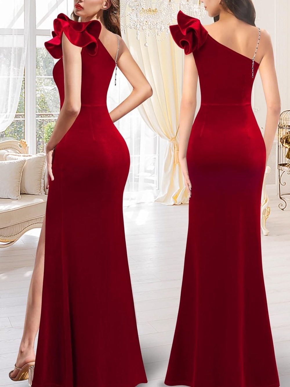 Elegant Red One-Shoulder Evening Gown with High Slit dark pink red - Picture 2 of 5